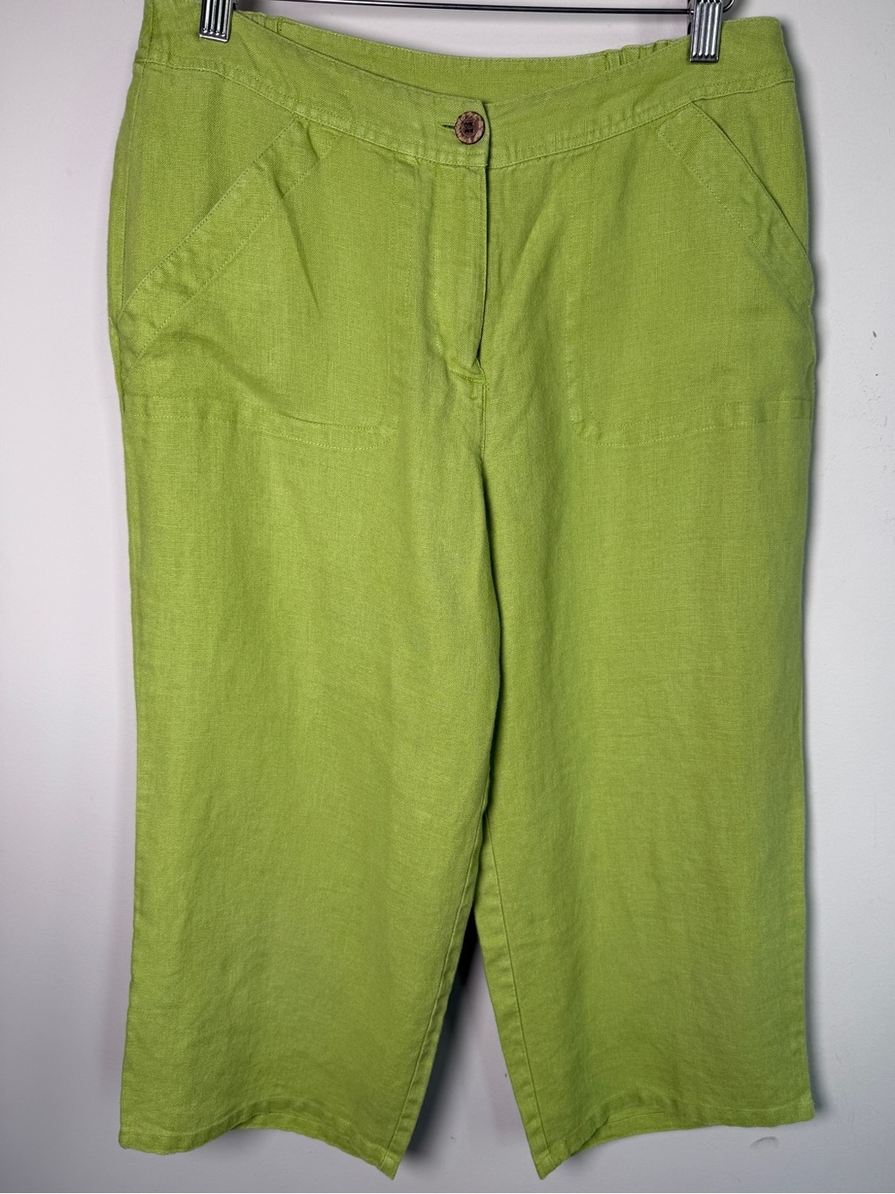 Chico’s 100% Linen Green Capri Pants Elastic Waist Sz 1 (US 8 M) Summer Coastal